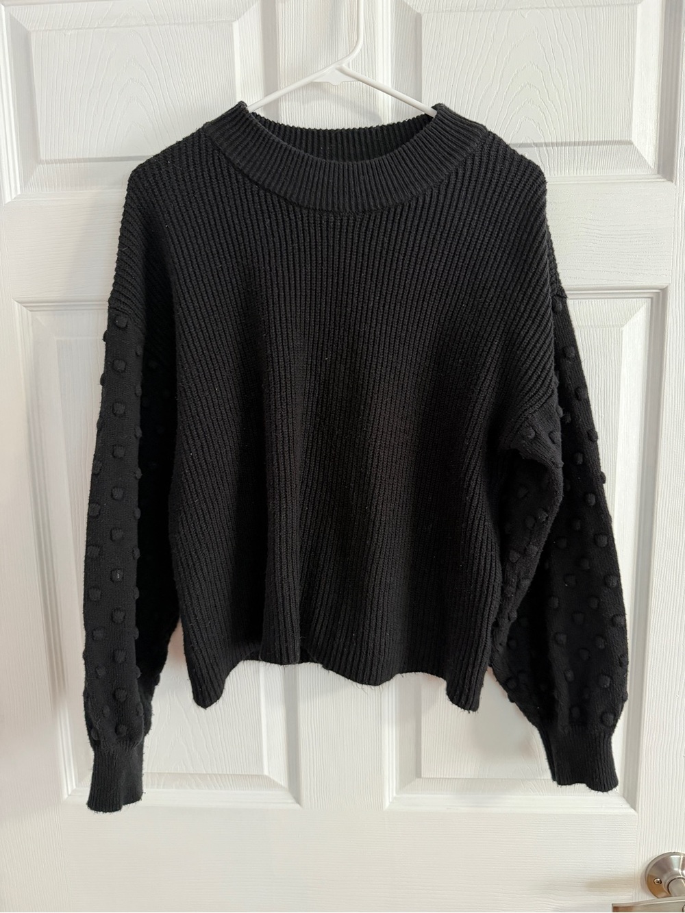Vince Camuto Black Crewneck Sweater with Textured Dot Sleeves